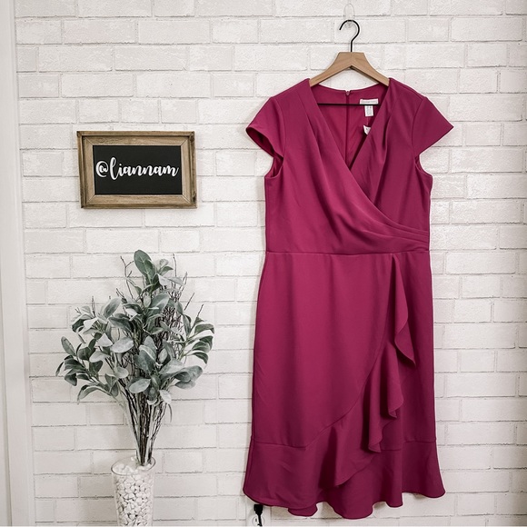 London Times Dresses & Skirts - LONDON TIMES Pink Faux Wrap Ruffle Cap Sleeve Dress